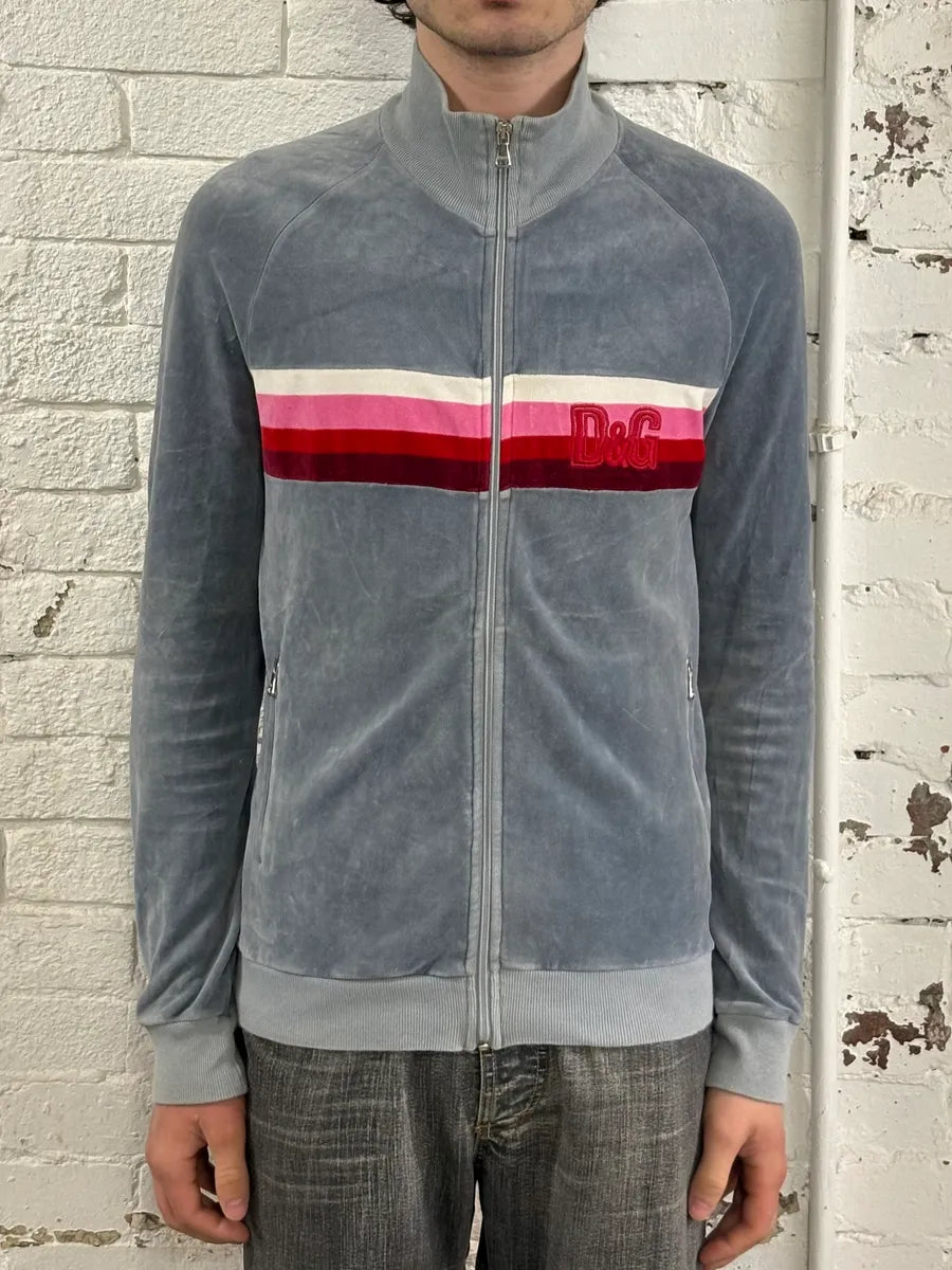 SS2006 Dolce & Gabbana Pink Stripe Velvet Grey Tracksuit Jacket xDRfVbL 1