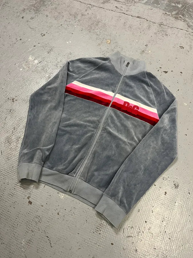 SS2006 Dolce & Gabbana Pink Stripe Velvet Grey Tracksuit Jacket xDRfVbL 3