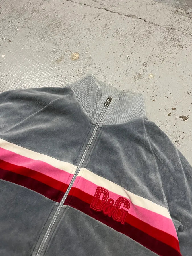 SS2006 Dolce & Gabbana Pink Stripe Velvet Grey Tracksuit Jacket xDRfVbL 4