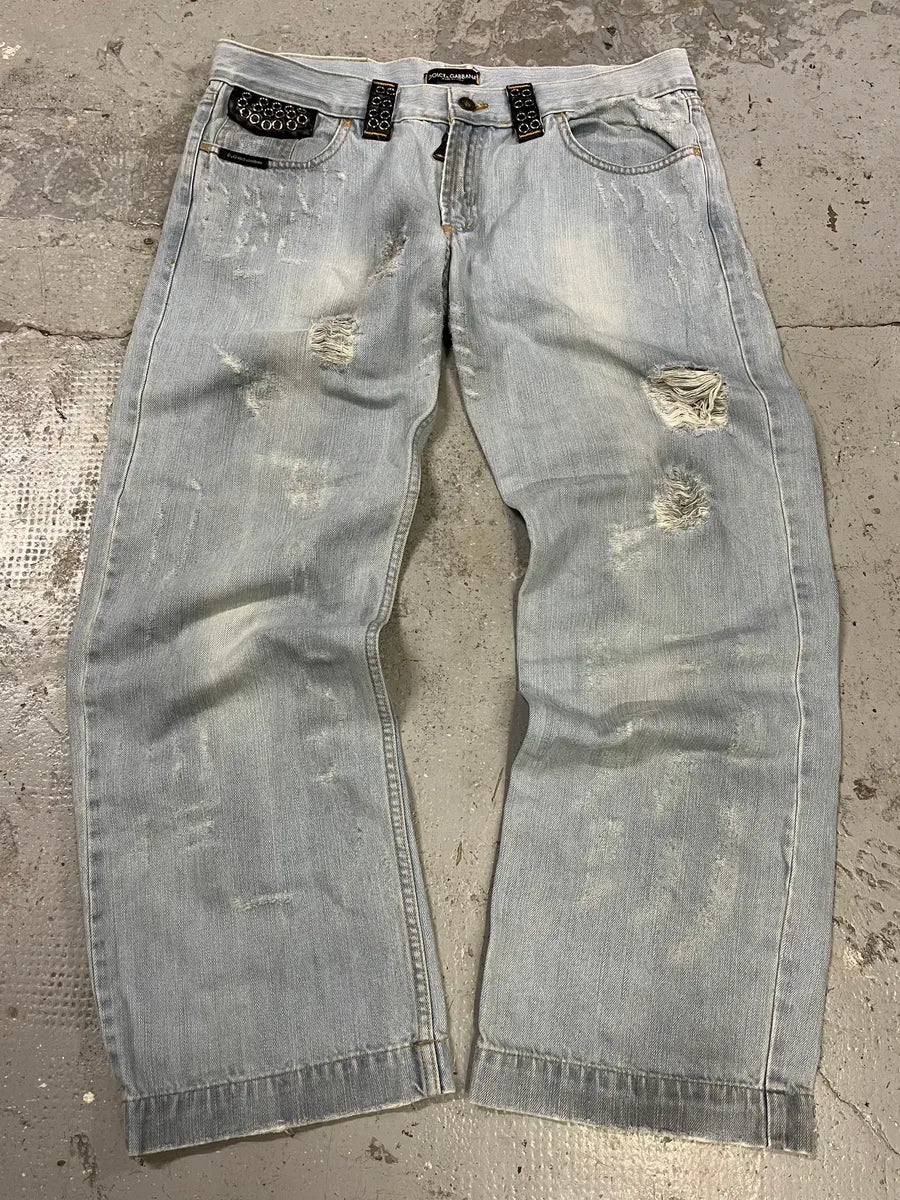 SS2006 Dolce & Gabbana Runway Distressed Rockstar Blue Denim Jeans (M/L) oqhsDIl 0