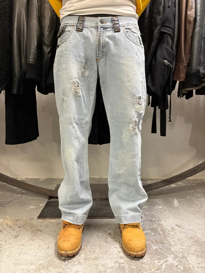 SS2006 Dolce & Gabbana Runway Distressed Rockstar Blue Denim Jeans (M/L) oqhsDIl 2