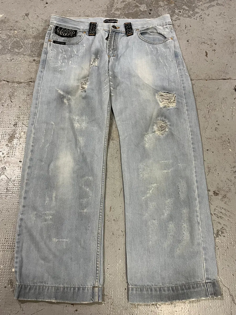 SS2006 Dolce & Gabbana Runway Distressed Rockstar Blue Denim Jeans (M/L) oqhsDIl 5