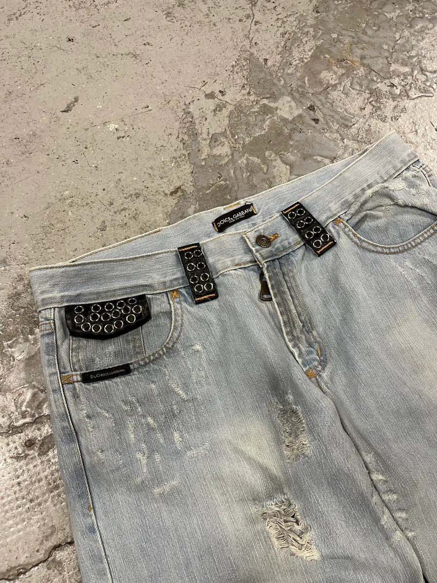 SS2006 Dolce & Gabbana Runway Distressed Rockstar Blue Denim Jeans (M/L) oqhsDIl 6