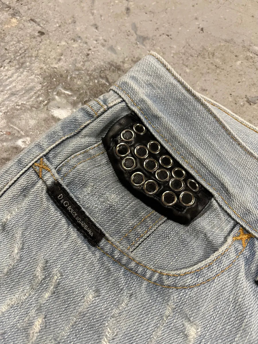 SS2006 Dolce & Gabbana Runway Distressed Rockstar Blue Denim Jeans (M/L) oqhsDIl 7