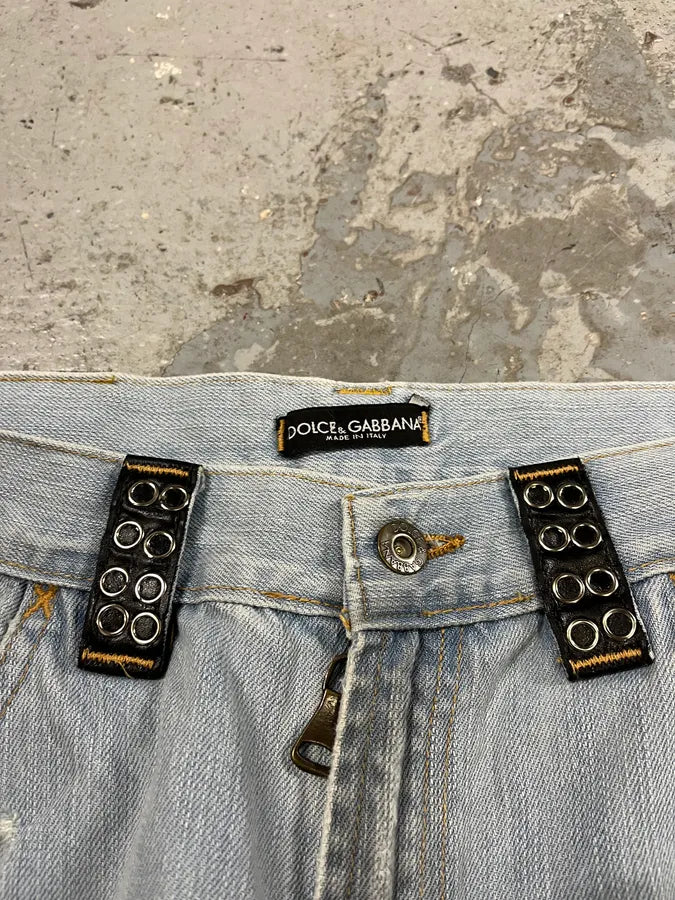 SS2006 Dolce & Gabbana Runway Distressed Rockstar Blue Denim Jeans (M/L) oqhsDIl 8