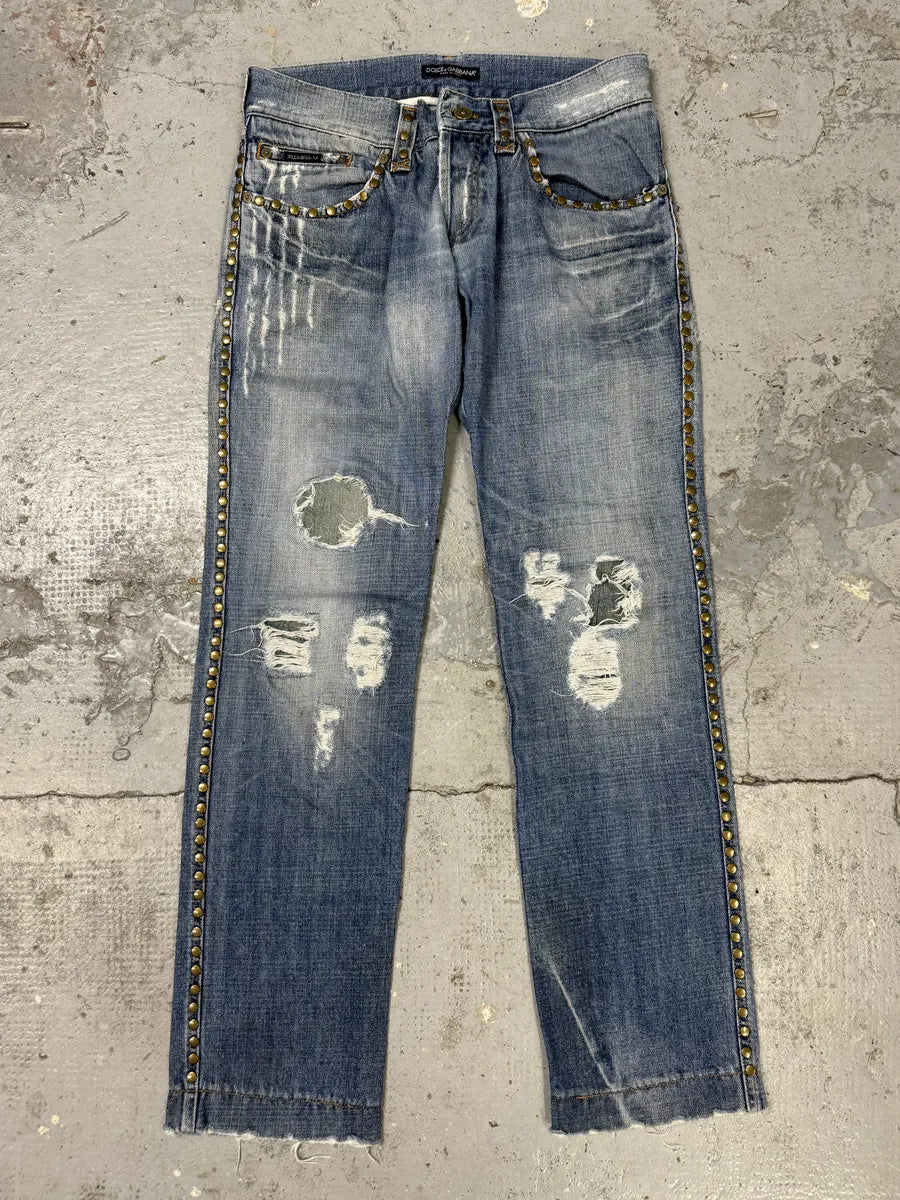 SS2006 Dolce & Gabbana Studded Blue Denim Jeans kmwVUMH 0
