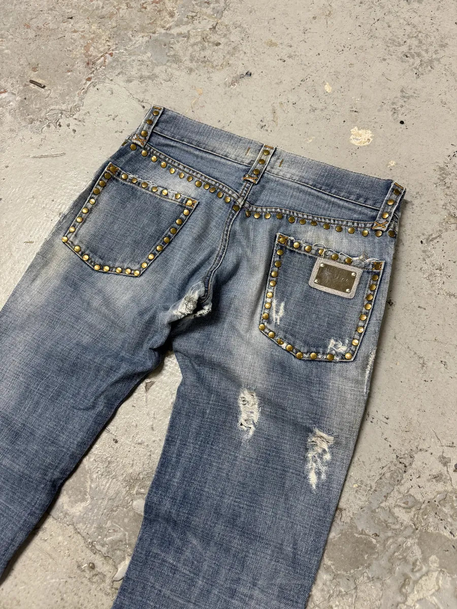 SS2006 Dolce & Gabbana Studded Blue Denim Jeans kmwVUMH 6