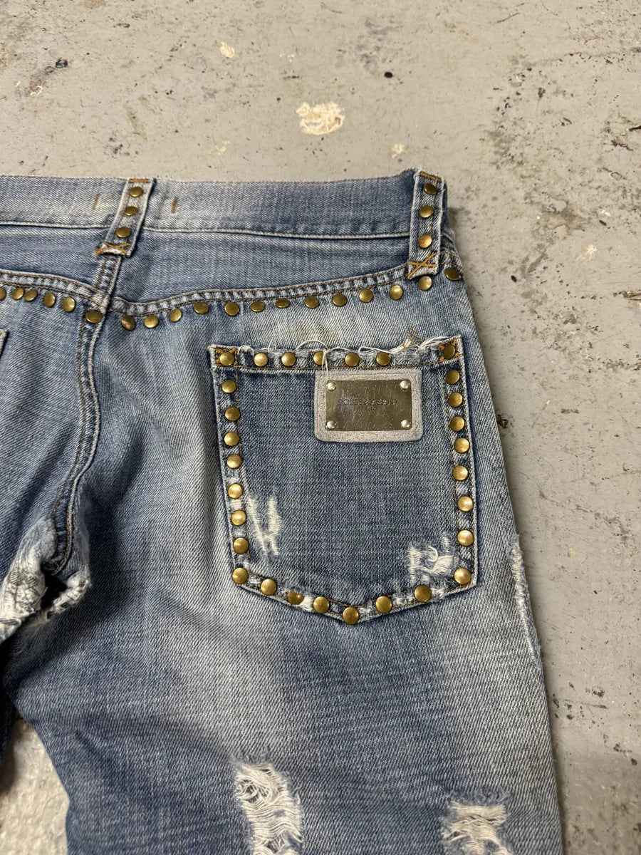 SS2006 Dolce & Gabbana Studded Blue Denim Jeans kmwVUMH 8