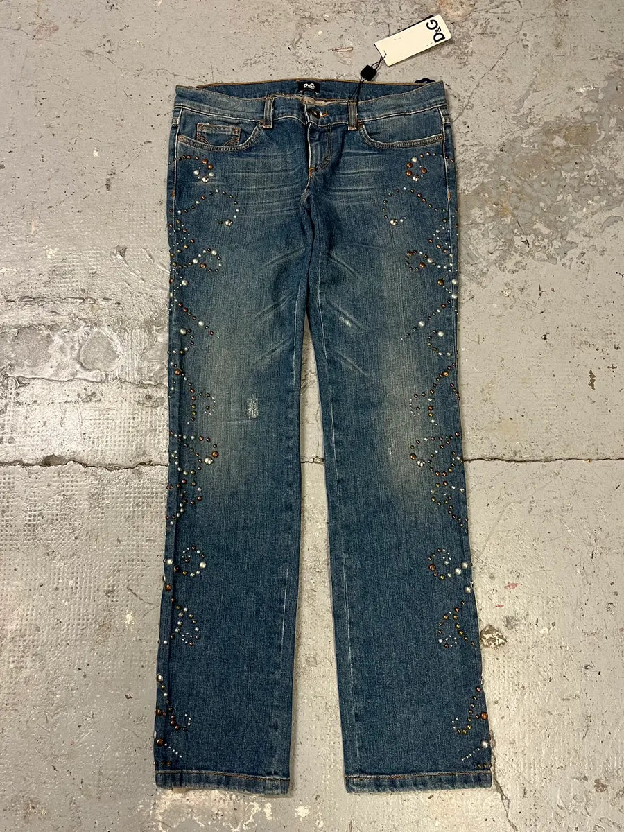 SS2006 Dolce & Gabbana Studded Ornaments Denim Jeans BQOfXpr 0