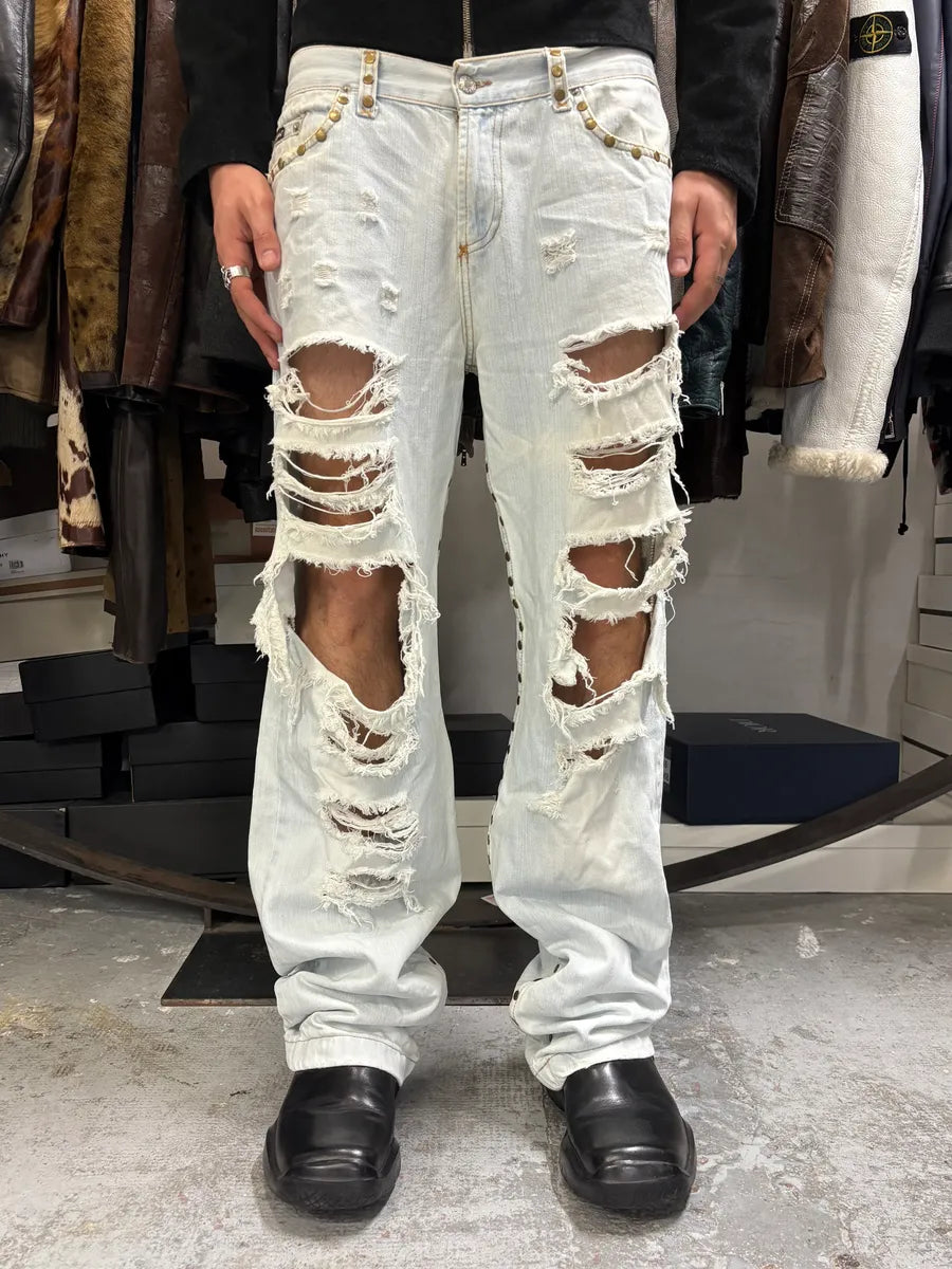 SS2006 Dolce & Gabbana Studded Panther Distressed Denim Jeans HuyRcDS 0