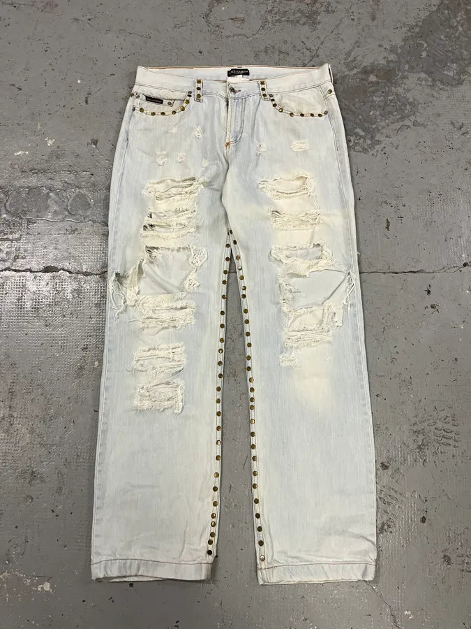 SS2006 Dolce & Gabbana Studded Panther Distressed Denim Jeans HuyRcDS 1