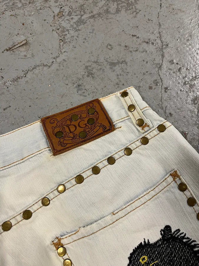 SS2006 Dolce & Gabbana Studded Panther Distressed Denim Jeans HuyRcDS 10