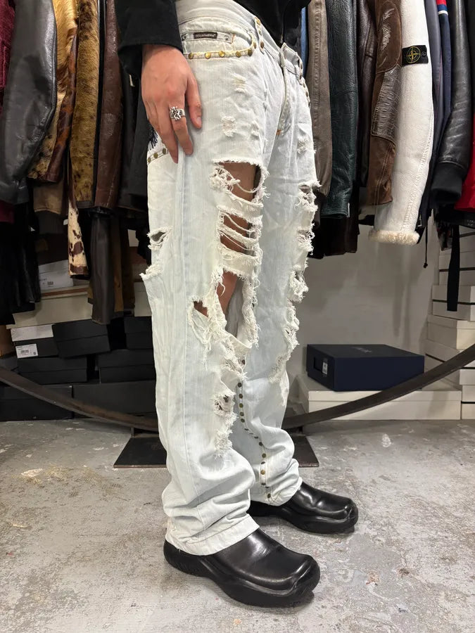 SS2006 Dolce & Gabbana Studded Panther Distressed Denim Jeans HuyRcDS 2