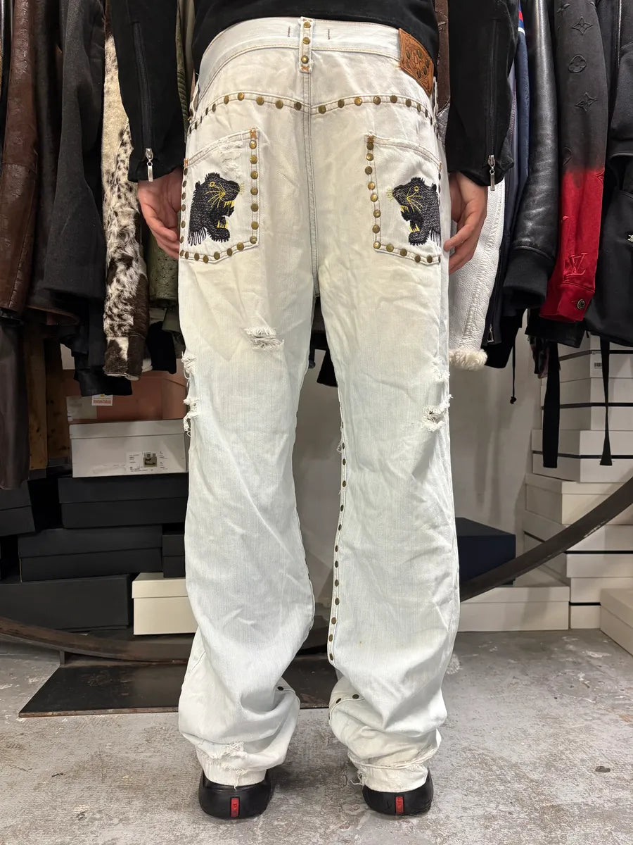 SS2006 Dolce & Gabbana Studded Panther Distressed Denim Jeans HuyRcDS 3