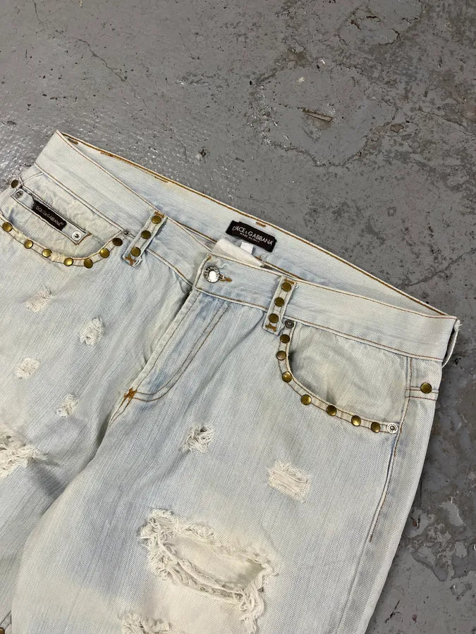 SS2006 Dolce & Gabbana Studded Panther Distressed Denim Jeans HuyRcDS 4