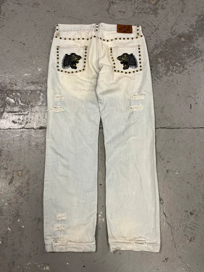 SS2006 Dolce & Gabbana Studded Panther Distressed Denim Jeans HuyRcDS 8