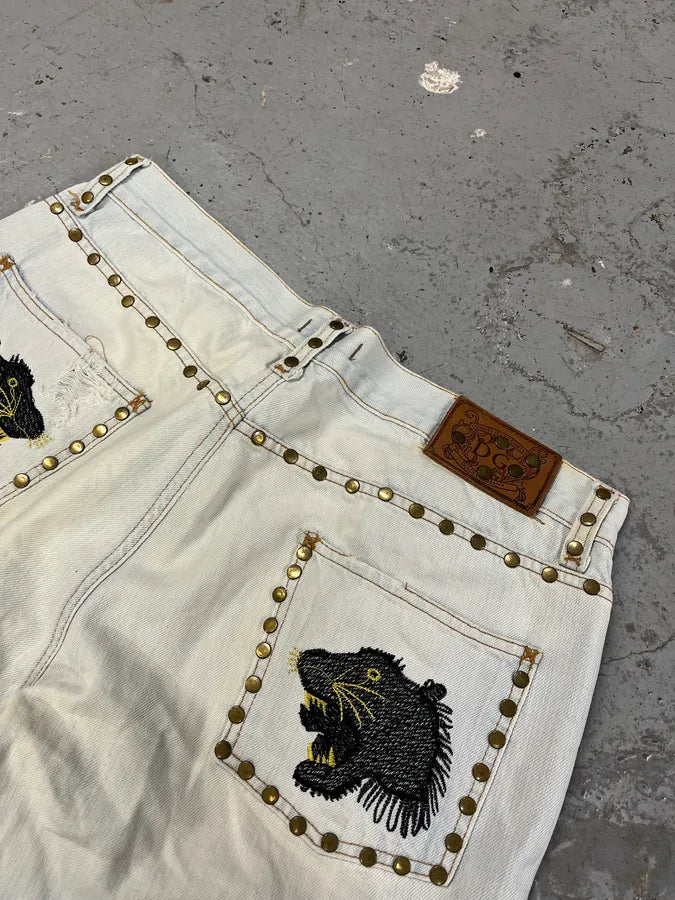 SS2006 Dolce & Gabbana Studded Panther Distressed Denim Jeans HuyRcDS 9