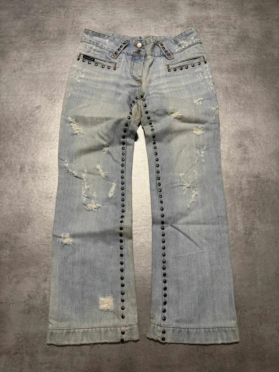 SS2006 Dolce & Gabbana Studded Wolfes Distressed Denim Jeans (S) 0