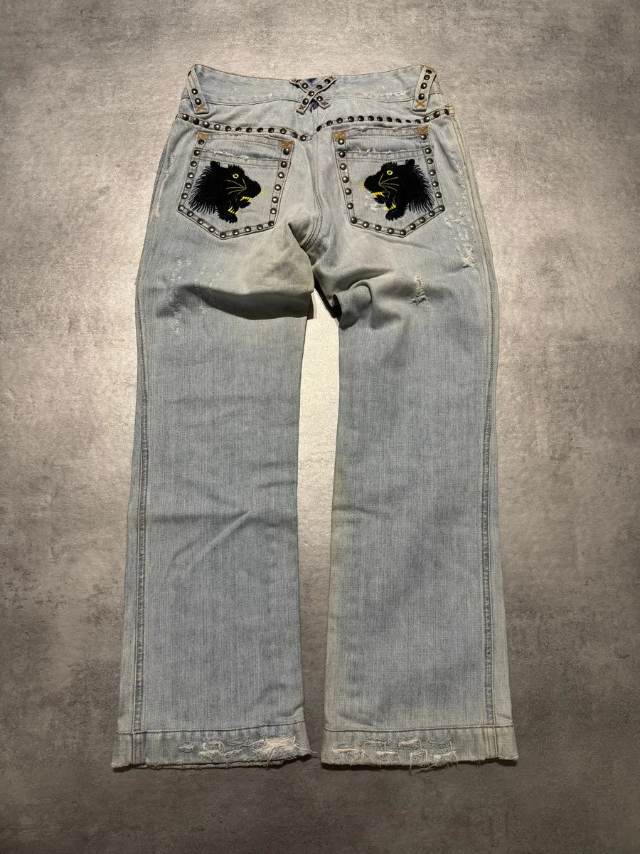 SS2006 Dolce & Gabbana Studded Wolfes Distressed Denim Jeans (S) 1