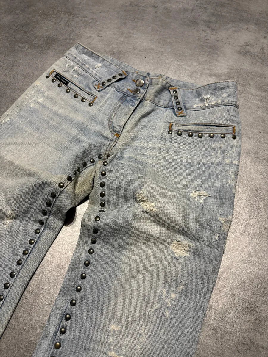 SS2006 Dolce & Gabbana Studded Wolfes Distressed Denim Jeans (S) 2