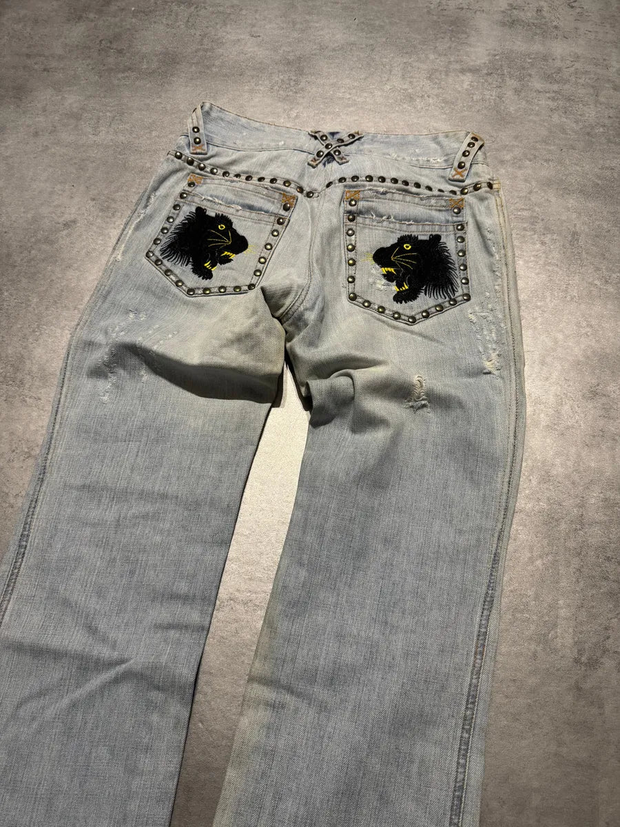 SS2006 Dolce & Gabbana Studded Wolfes Distressed Denim Jeans (S) 3