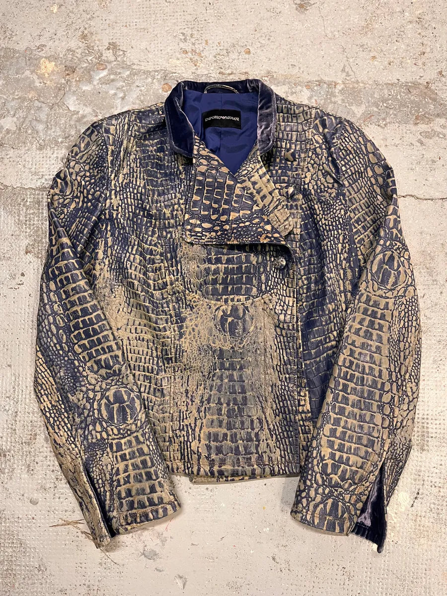 SS2006 Emporio Armani Crocodile Effect Navy Brown Leather Asymmetrical Jacket JrAWghw 0