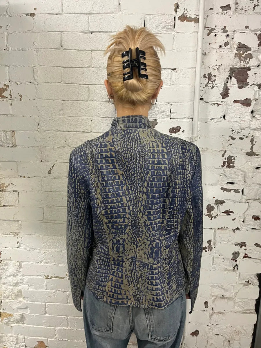 SS2006 Emporio Armani Crocodile Effect Navy Brown Leather Asymmetrical Jacket JrAWghw 2