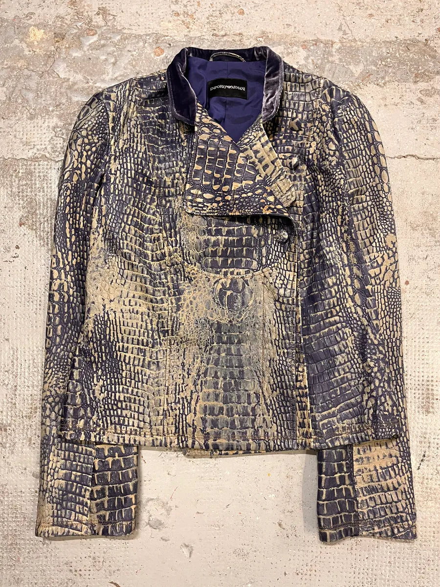 SS2006 Emporio Armani Crocodile Effect Navy Brown Leather Asymmetrical Jacket JrAWghw 3
