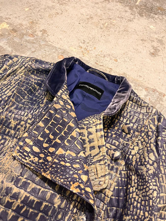 SS2006 Emporio Armani Crocodile Effect Navy Brown Leather Asymmetrical Jacket JrAWghw 4