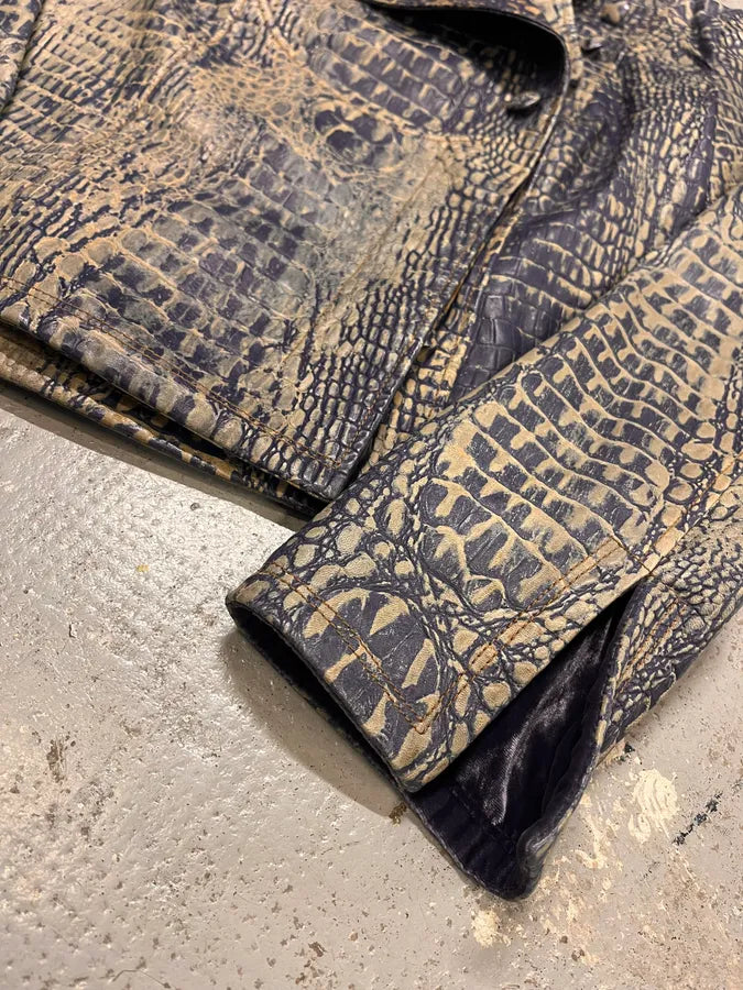 SS2006 Emporio Armani Crocodile Effect Navy Brown Leather Asymmetrical Jacket JrAWghw 5