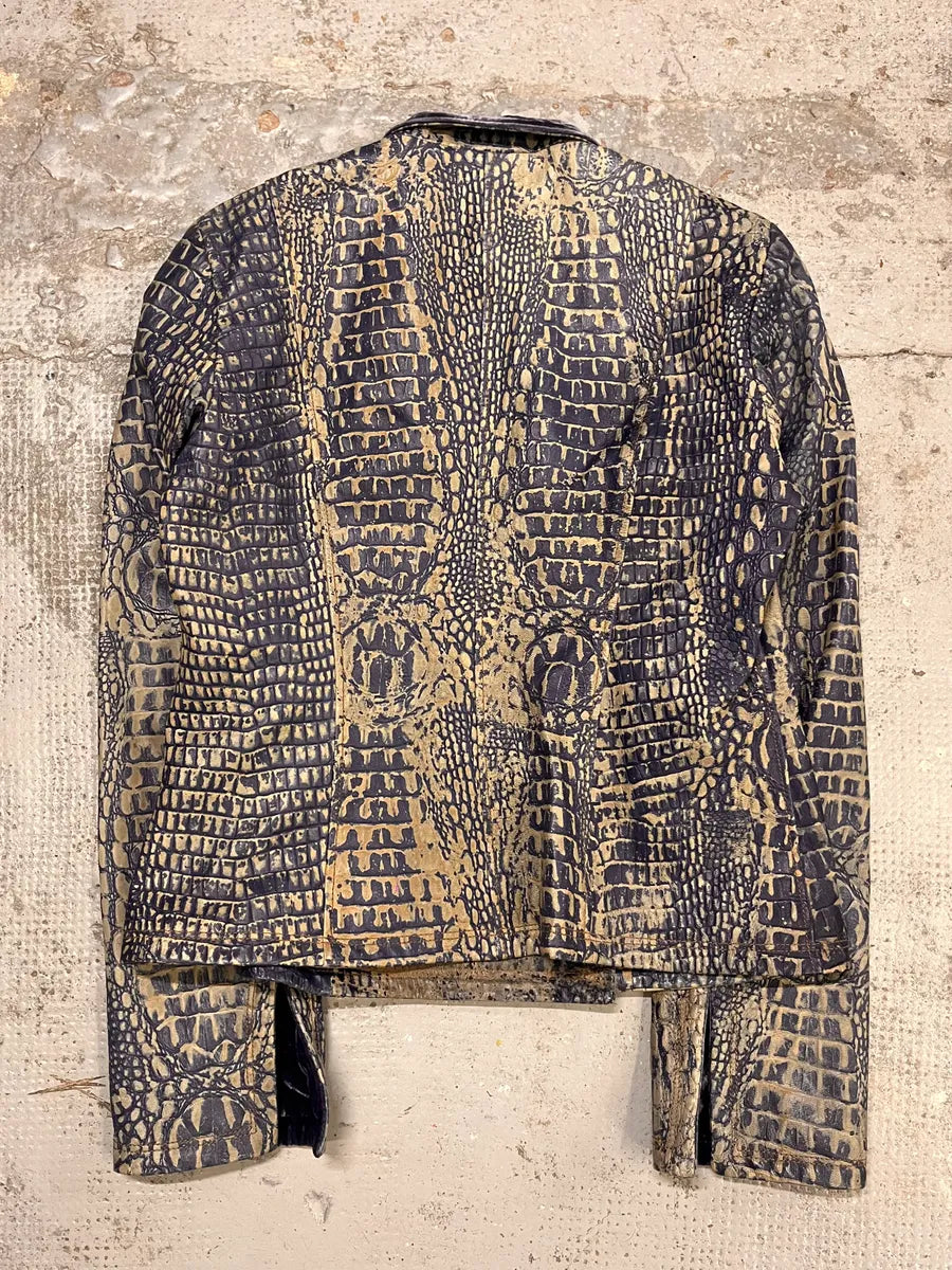 SS2006 Emporio Armani Crocodile Effect Navy Brown Leather Asymmetrical Jacket JrAWghw 6