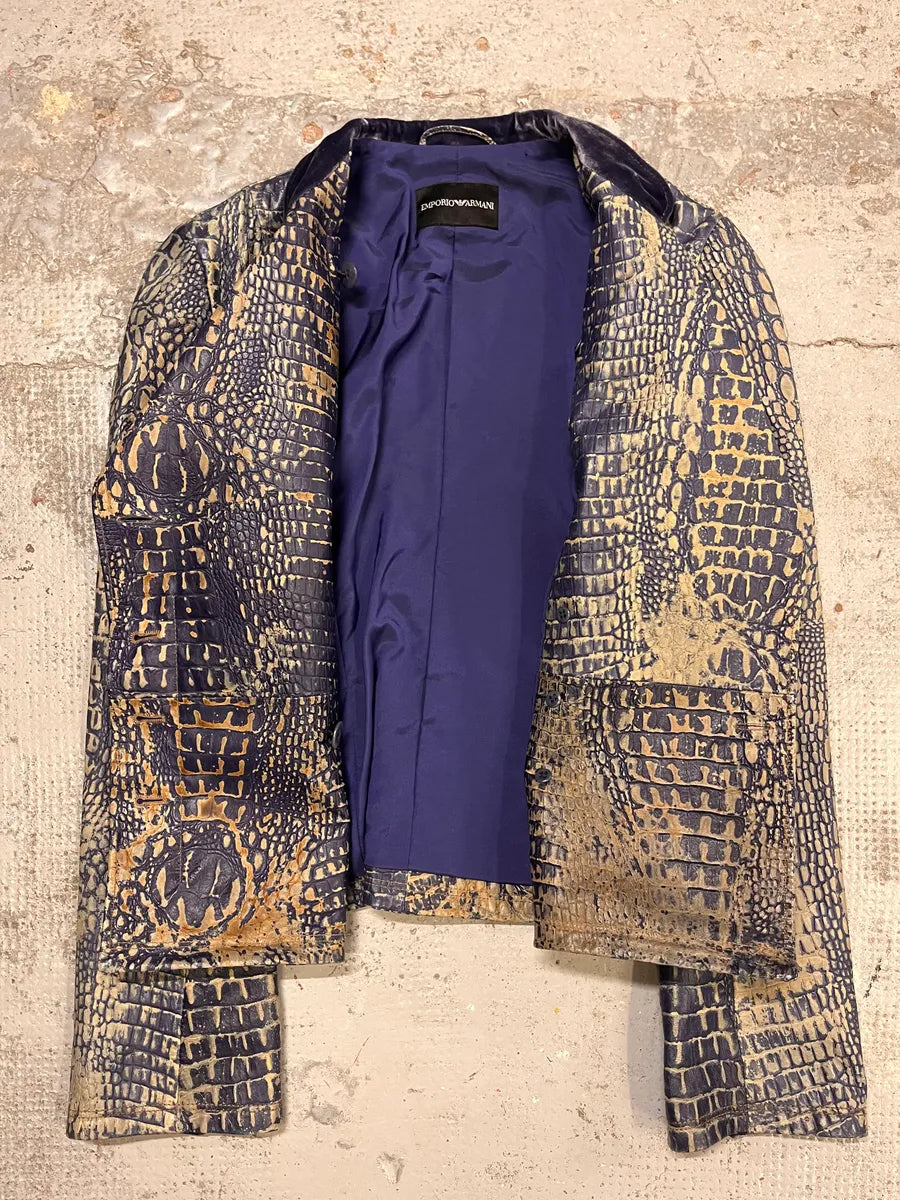 SS2006 Emporio Armani Crocodile Effect Navy Brown Leather Asymmetrical Jacket JrAWghw 7