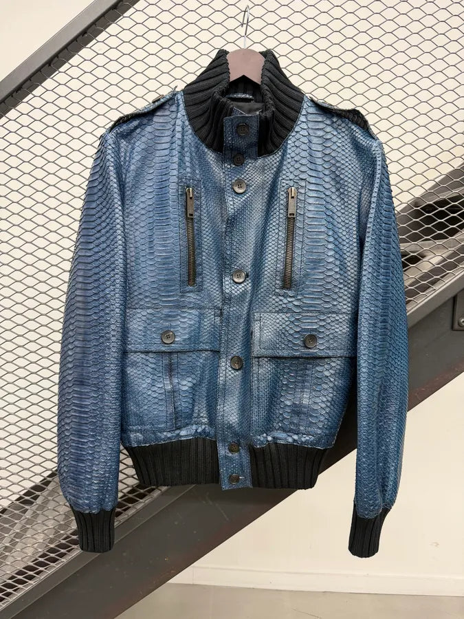 SS2006 Gucci Navy Python Leather Madonna Jacket by Frida Giannini YvzpFZa 11