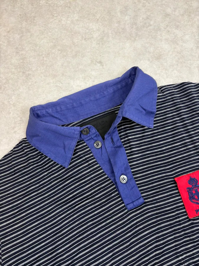 SS2006 Prada Black Blue Striped Logo Patch Polo xMnltWZ 4