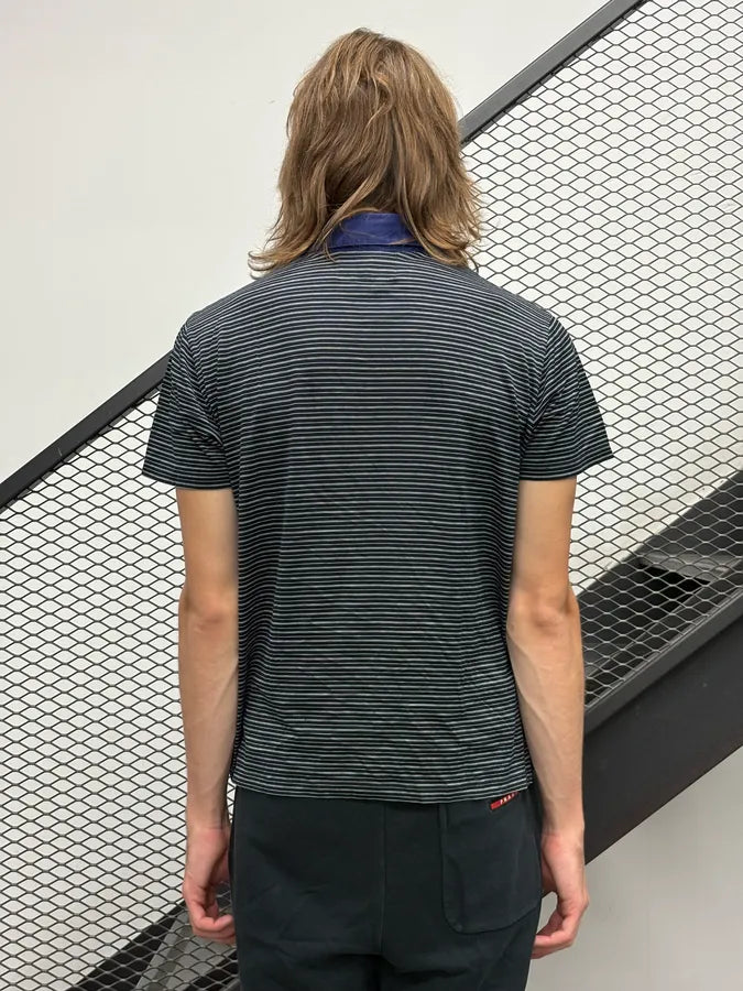 SS2006 Prada Black Blue Striped Logo Patch Polo xMnltWZ 2