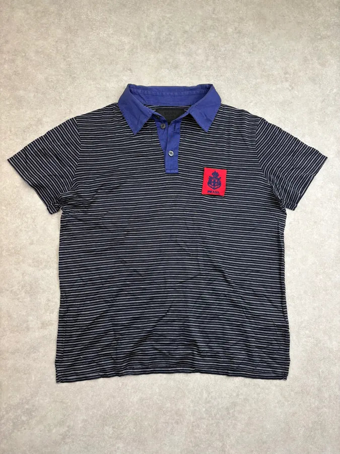 SS2006 Prada Black Blue Striped Logo Patch Polo xMnltWZ 0