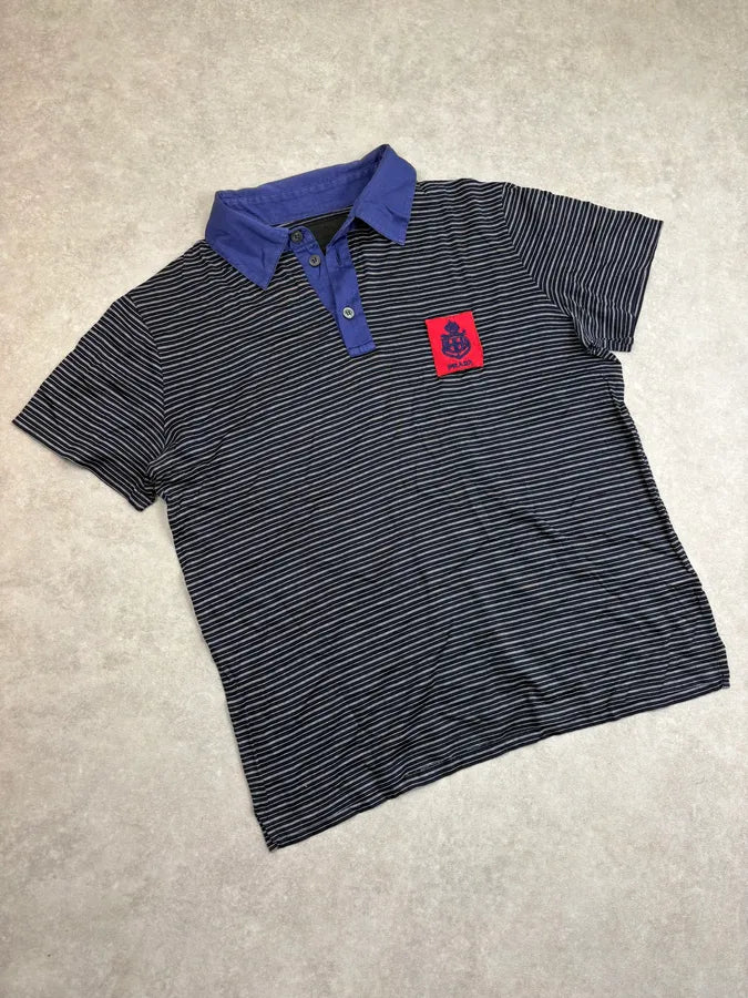 SS2006 Prada Black Blue Striped Logo Patch Polo xMnltWZ 3