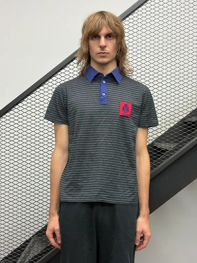 SS2006 Prada Black Blue Striped Logo Patch Polo xMnltWZ 1