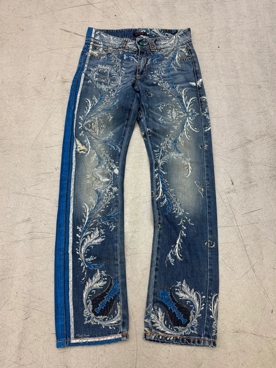 SS2006 Roberto Cavalli Blue Denim Floral Faded Denim Jeans HRUmJln 0
