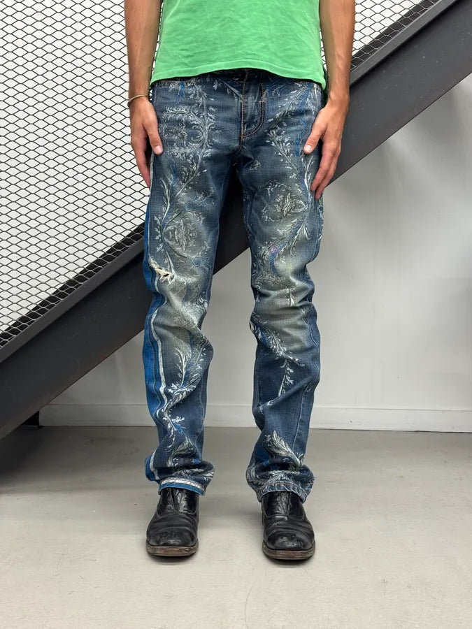 SS2006 Roberto Cavalli Blue Denim Floral Faded Denim Jeans HRUmJln 1