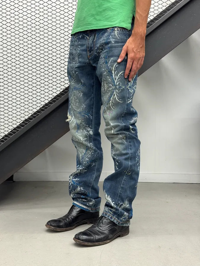 SS2006 Roberto Cavalli Blue Denim Floral Faded Denim Jeans HRUmJln 2