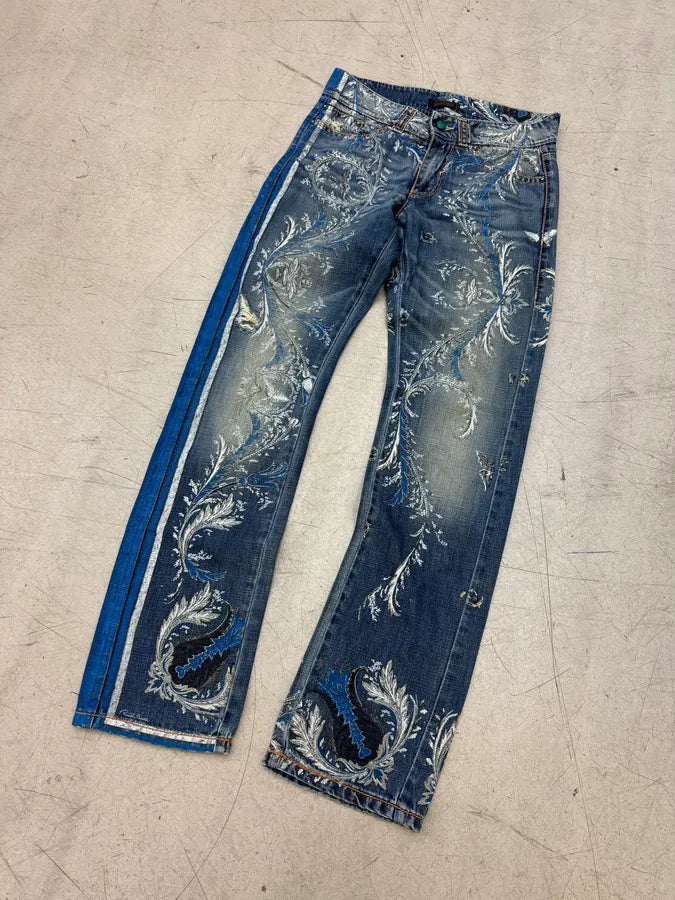SS2006 Roberto Cavalli Blue Denim Floral Faded Denim Jeans HRUmJln 3