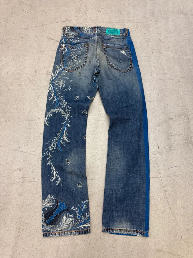 SS2006 Roberto Cavalli Blue Denim Floral Faded Denim Jeans HRUmJln 5