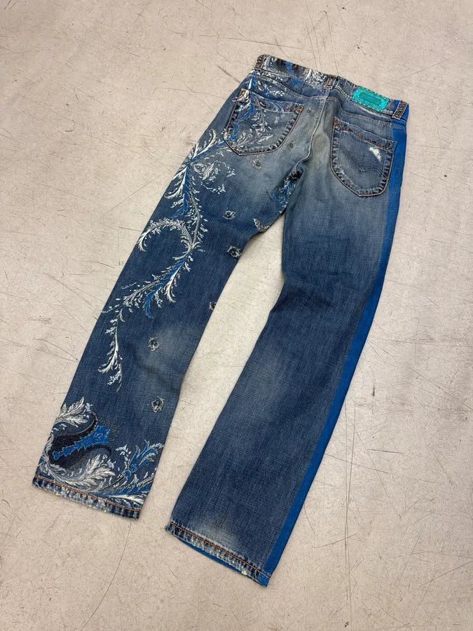 SS2006 Roberto Cavalli Blue Denim Floral Faded Denim Jeans HRUmJln 6