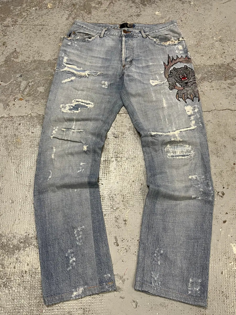 SS2007 Cavalli Blue Distressed Tiger Denim Jeans dctSOij 0