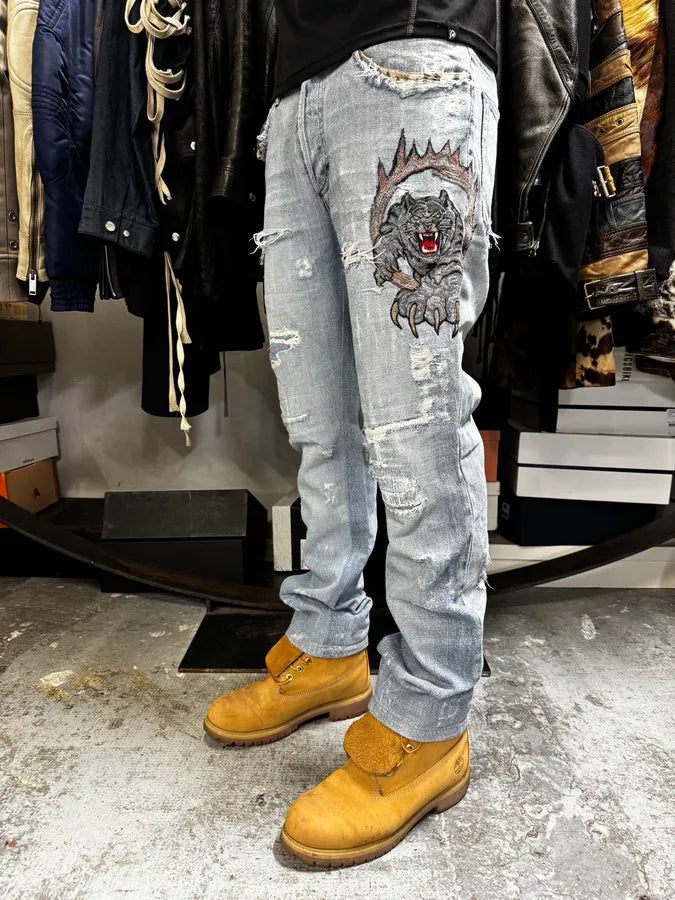 SS2007 Cavalli Blue Distressed Tiger Denim Jeans dctSOij 1