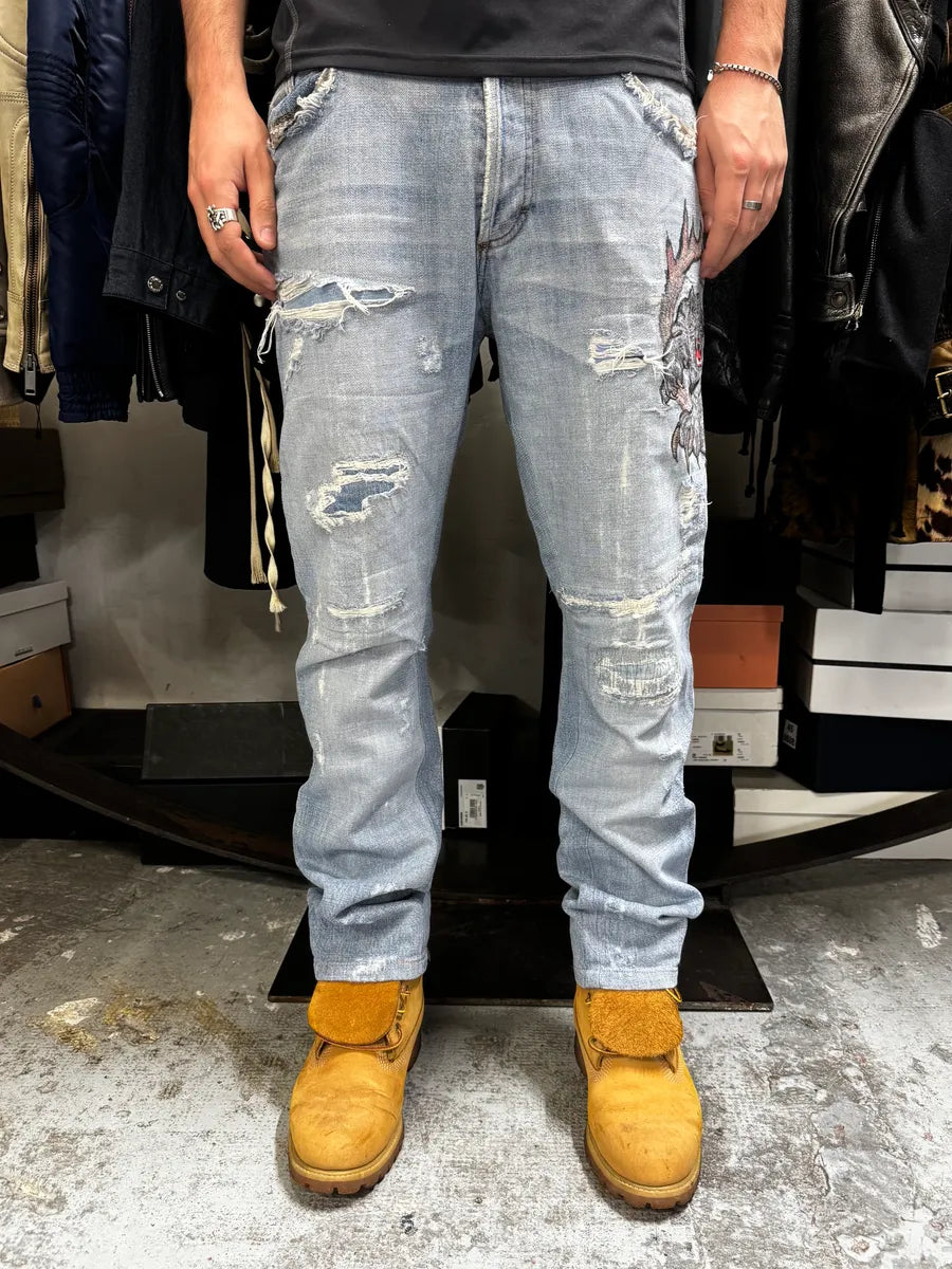 SS2007 Cavalli Blue Distressed Tiger Denim Jeans dctSOij 2