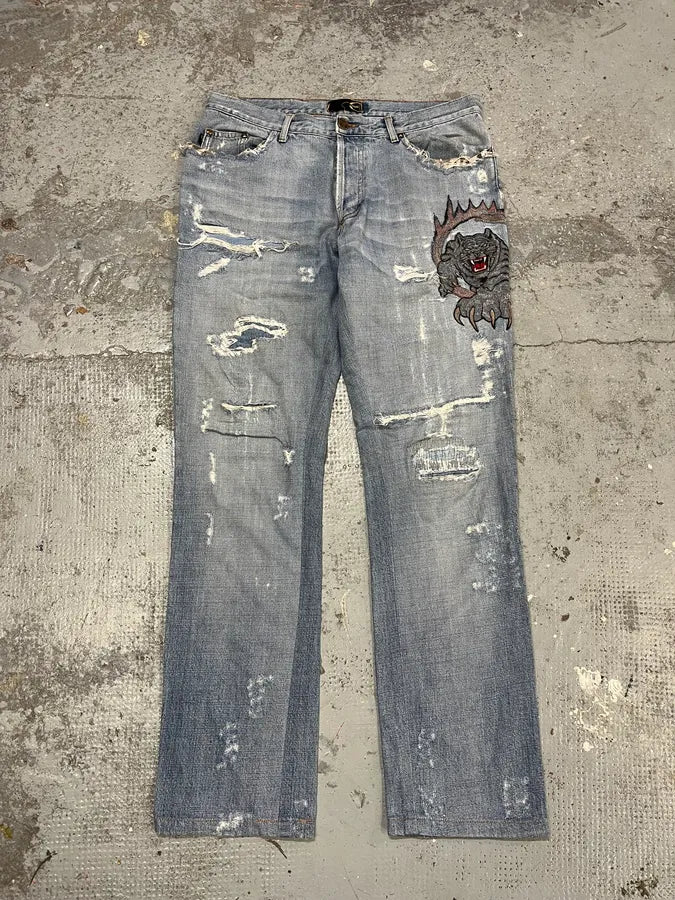 SS2007 Cavalli Blue Distressed Tiger Denim Jeans dctSOij 4