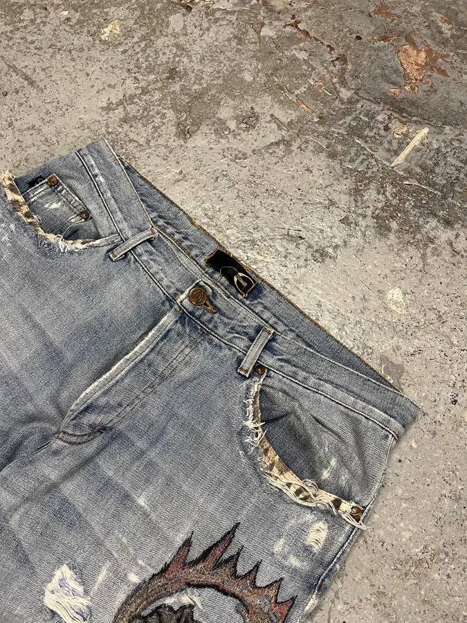 SS2007 Cavalli Blue Distressed Tiger Denim Jeans dctSOij 5