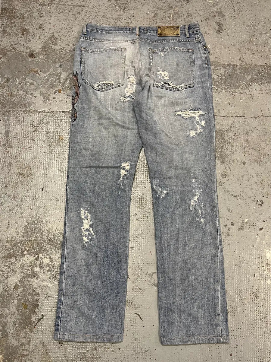 SS2007 Cavalli Blue Distressed Tiger Denim Jeans dctSOij 7